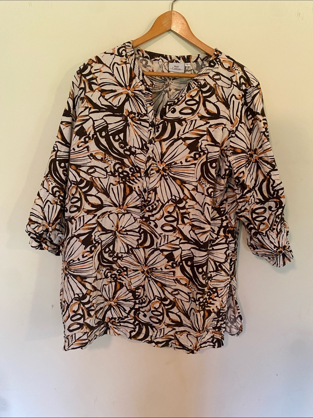 Hot Cotton Floral Split-Neck Tunic - Cream, Brown & Tan